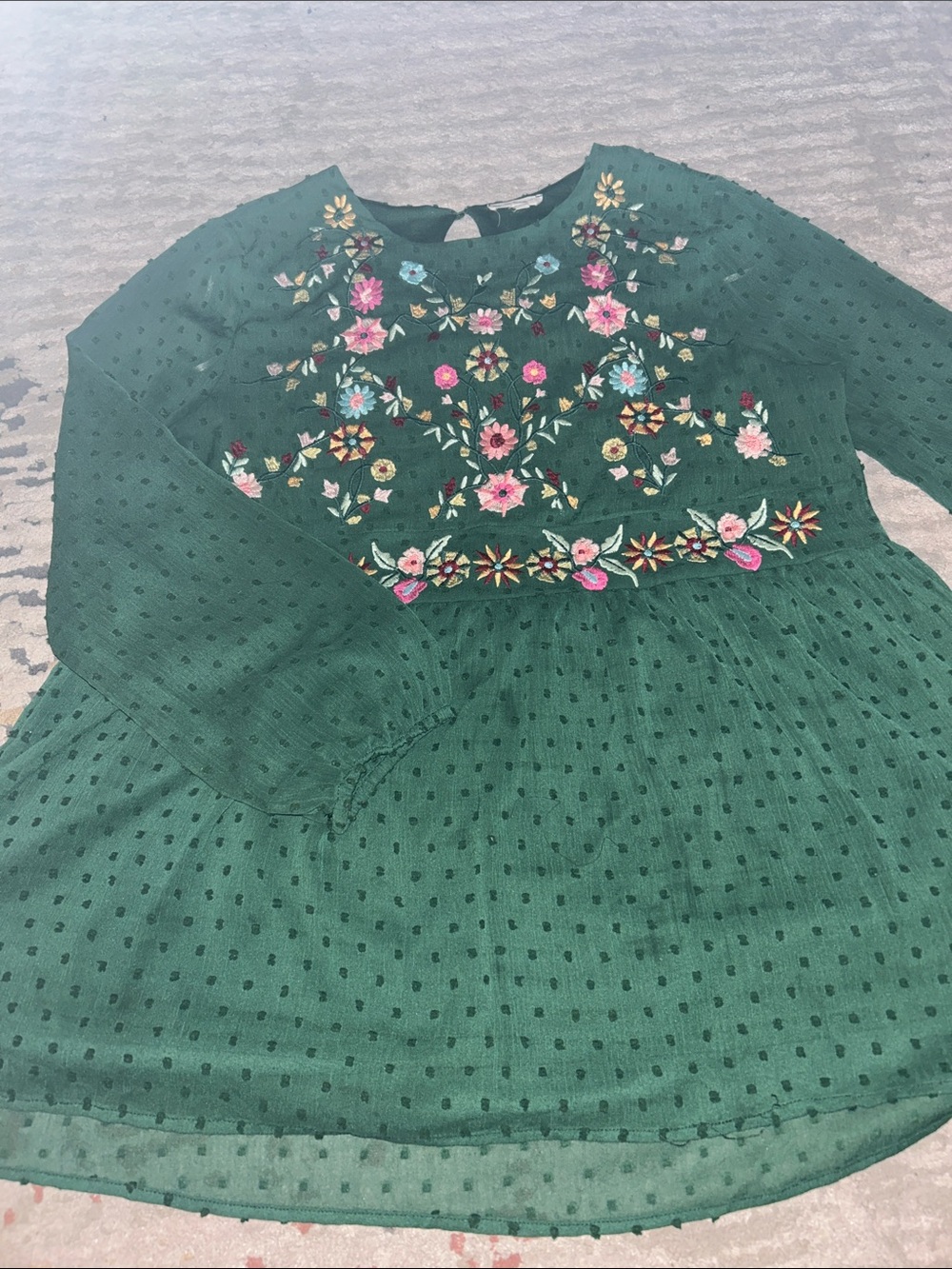 Embroidered Dark Green Swiss Dot Chiffon Tunic Top